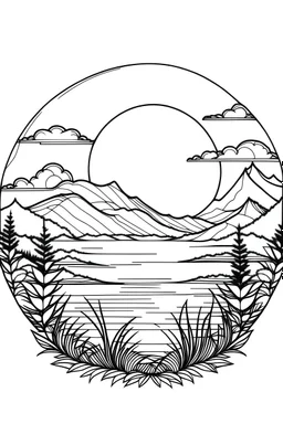 prompt-outline natural scenery with rising sun with white background, sketch style, only use thin outline, no shadows and clear and well outlined