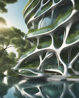 Stunning futuristic architectural masterpiece, biomorphic organic structure that combines nature and technology. A futuristic city, with polished chrome buildings and curved glass windows, fascinating summer weather. Intricate details and cantilevered sections. Trees, green areas and people