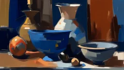 painting of a painting of a vase, a bowl, and other objects, abstracted painterly techniques