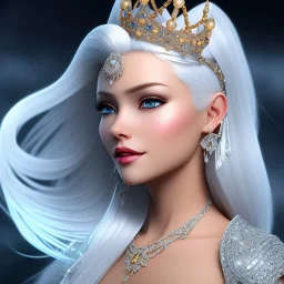 Ice Princess with white hair smilling, a crown with precious stones, bright background