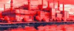 A light red electrical power plant with batteries in Impressionism art style