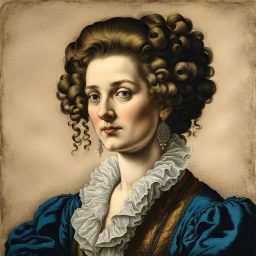 colored etching of a raggedly dressed, aristocratic French woman , with highly detailed beaded hair and facial features ,in the style of Rembrandt, Gian Lorenzo Bernini, Johannes Vermeer, and Ann Chernow, with a fine art aesthetic, highly detailed , realistic , 4k UHD cinegraphic quality