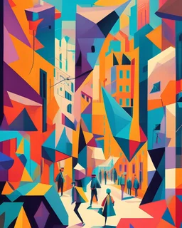 A cubist-inspired cityscape with geometric shapes, vivid colors, and abstract figures strolling through the bustling streets.