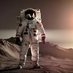 an astronaut in moon, full body, highly detailed, orange puffer jacket, 3d render