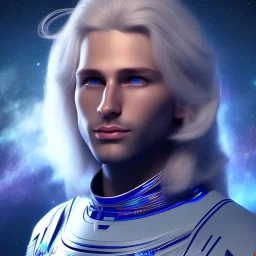 Beautiful cosmic man, blue eyes, long blond hair, smiling, cosmic suit, full body, galactic backdrop, soft lighting, hyper realistic, unreal engine 5, 16k