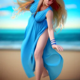 Beautiful full body woman blue eyes long blond hair in an hippy blue flower dress on a beach, unreal engine, 4k