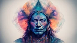 portrait of a Shaman, mysticism, isoteric, sinister, witchcraft, tattoo, bright colors, double exposure, subtle drawing,