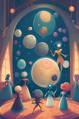 A whimsical, children's book-style illustration of anthropomorphized planets attending a celestial ball, showcasing their unique personalities and attire inspired by their planetary characteristics, set in an enchanting, starlit ballroom.