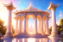 tempio magico in stile ferico con due colonne di luce e cielo aperto luminoso