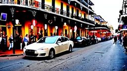 A Tesla's 'Model S Plaid' is racing at top speed, on Bourbon Street, in New Orleans. CINEMATIC. WIDE ANGLE LENS.