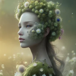 Portrait of beautiful daisy girl, face dept of field,face shining, plant, metal,lens blur,,Unsharp masking, feathers,central weight average,Laplacian filt CWA Dryad,Median filter fae, sidhe, ominous, nature, plants, wildflower sparkle,wildflower 3d view, facepaint, dnd character portrait, intricate, oil on canvas, masterpiece, expert, insanely detailed, 4k resolution, retroanime style, cute big circular reflective eyes, cinematic smooth, intricate detail , soft smooth lighting, soft pastel color