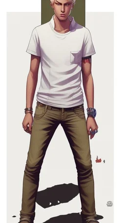 Teen man, blond hair, perfect face, style of tomer hanuka, jeans, white, t-shirt, pompadour