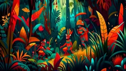 A digital painting in a neo-primitivism style depicting a tribal ritual in a lush jungle setting, with vibrant colors and abstract shapes representing the connection to nature and ancient traditions