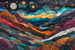 abstract fabric collage overlayed with Zentangle patterns that depicts the vastly diverse, rugged landscape of Nature beneath an ethereal, cosmic night sky, highly detailed, vibrant natural color, with bold ink outlining