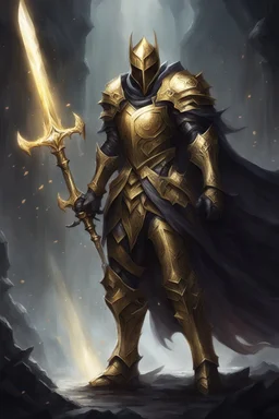 holy knight paladin in darkly gold armor and a cape wielding a sword in abyss