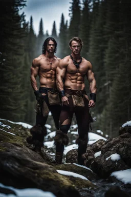 two Handsome and muscular 30 year old shirtless mountain men , dark fantasy, snowy forest