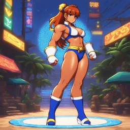 [style is lite brite art, luminous and colorful designs, pixelated compositions, retro aesthetic, glowing effects, creative patterns, interactive and playful, nostalgic charm, vibrant and dynamic arrangements] [Street Fighter III: New Generation/Official Art by Daigo Ikeno] tanned Elena in her iconic two piece swimsuit stands up on the ring, seen by below