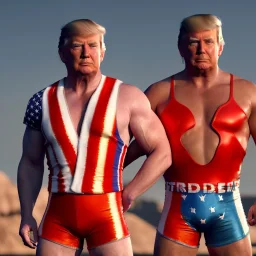 Realistic image of Donald trump wrestler, pose, Mexican wrestling style, red and blue breeches, glow us flag dress, suspenders, retro style, 80s, vibrant color, highly detailed, clean background, concept art, unreal engine 5, god rays, ray tracing, RTX, lumen lighting, ultra detail, volumetric lighting, 3d, finely drawn, high definition, high resolution.