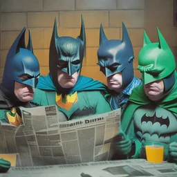 A newspaper photocopy of a dark universe masonic sad drunk batman cosplay convention, green batman, orange batman, cyan batman, white batman.