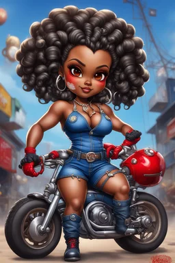 airbrush illustration of the chibi cartoon character, a voluptuous black female in a blue jean outfit with biker boots. Her prominent makeup and hazel eyes, along with her detailed red bantu knots, are featured in this image, set against the background of a lively bike show.