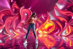 beautiful lady with todays modern clothing and sport shoes, in surreal stage made of 3d fractal random size recursive objects with helical strip colors in clothing similar to environment full body dancing to camera,animating background metallic random color and size recursive objects