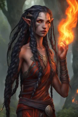 Eladrin druid female made from fire . Hair is long and bright black some braids and fire comes out from it. Eyes are noticeably red color, fire reflects. Make fire with both hands . Has a big scar over whole face. Skin color is dark