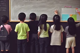 class of children's students, view from the back of the class, looking at the blackboard, real photography, reality, photojournalism