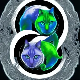 Gato branco de olhos azuis e gato preto de olhos verdes juntos em forma de ying yang