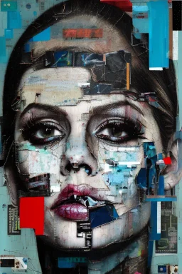 Ultra detailed medium portrait painting of a beautiful abused woman, she is crying and upset, masking tape on her mouth, blue brushed eye, abstract background,torn up collage of clippings, broken circuitry background, matrix effects, punk visual art, punk art aesthetic, graffiti art, pop surrealism, collage art, cluttered paint glitches