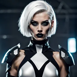 white haired futuristic Amazon warrior, short hairstyle, dark eyeshadow, black lipstick, black bodysuit, relaxed confident powerful intense