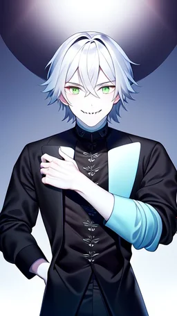 plauge doctor in balck leather clothes with silver hair, pale skin and bright green eyes smiling with sharp teeth, nice young face, male, viscious smile