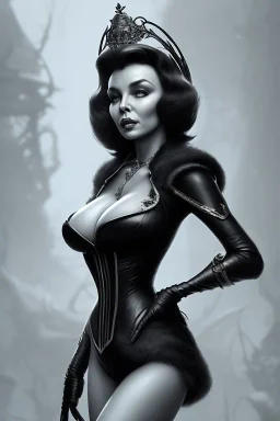 Joan Collins as evil queen in black leather, leather, busty, cleavage, angry, stern look. character design by cory loftis, fenghua zhong, ryohei hase, ismail inceoglu and ruan jia. unreal engine 5, artistic lighting, highly detailed, photorealistic, fantasy