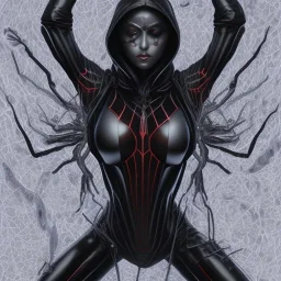 This spider woman is a formidable sight to behold, with the body of a human woman and the head and legs of a spider. She is dressed in a sleek black and red leather suit, with a hood that covers her spider head. Her skin is covered in shimmering black scales, and her eyes glow a bright, otherworldly green. She is fast and agile, able to climb walls and ceilings with ease. She has venomous fangs and sharp claws, and she can spin webs of magical energy to ensnare her enemies. She is intelligent an