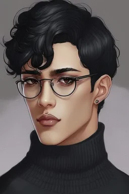 Short black hair, light skin, black skin tight turtle neck clothing, black round glasses, earrings, grey eyes, black eye shadow, round face, man