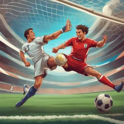 Soccer player kicking a ball into the goal with a lot of force, cartoon art