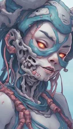 a close up of a person with a skull on their head, anime skull portrait woman, scary detailed art in color, hiroyuki-mitsume takahashi, nychos art aesthetic, half woman half skeleton, anime cyberpunk art, colored manga art, rossdraws pastel vibrant, cold colors. insanely detailed, beautiful anime portrait, stunning anime face portrait, scary art in color