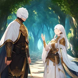 Girl with white hair wearing white robes and a blindfold. Boy with gold eyes, black hair wearing old leather armor. Forest path background