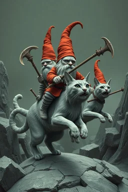 gnomes riding cats with hatchets in the style of Escher and Giger