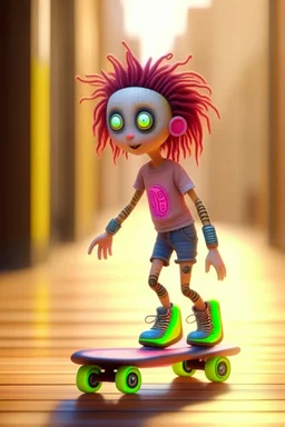 cute adorable hypnotic chat girl hippie robot doing a little trick with skateboard and punk hair and real human eyes, its such a perfect day, motion blur, smoke, 8k, downlight, soft light, depth of field, photorealism, trending on art station, lotsa detail