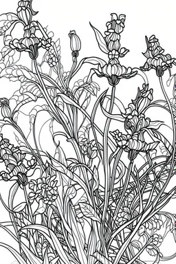 Outline art for coloring page, AVANT GARDE DRAWING LAVENDAR FLOWERS, coloring page, white background, Sketch style, only use outline, clean line art, white background, no shadows, no shading, no color, clear