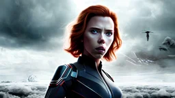 full body image of Scarlett Johansson as the Black Widow in an apocalyptic scene of the End of the World, photoreal with scientific detail, cinematic lighting