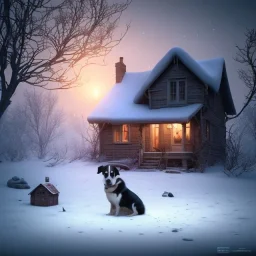 SAD, SCARED, LONELY DOG TIED UP OUTSIDE WITH A HOUSE IN BACKGROUND, WINTER, 8k resolution, high-quality, fine-detail, intricate, digital art, detailed matte, volumetric lighting, illustration, 3D octane render, brian froud, howard lyon, selina french, anna dittmann, annie stokes, lisa parker, greg rutowski