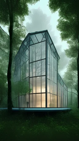 A glass house in the middle of the woods that's raining