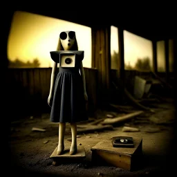 Photorealistic polaroid nothingness and distressing anguish old wooden figure wasteland night, Joan Miró, Hieronymus Bosch, shot on Hasselblad, movie shot, details of the dress accentuated, hypnotic, obsessive, nightmare, hypermaximalist, obsessive, hypnotic