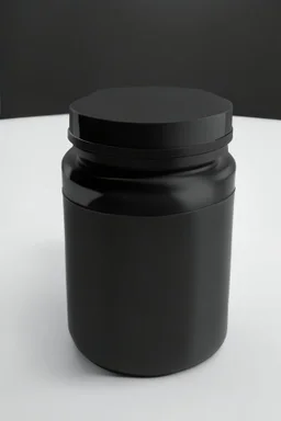 black container, plastic, realism, with screw lid, no labels, round container, view from the front, protein powder, dark studio setting