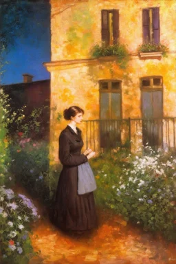 Night, vegetations, flowers, one woman, distant house, mistery, gothic horror films influence, gustave caillebotte, and gustave moreau paintings