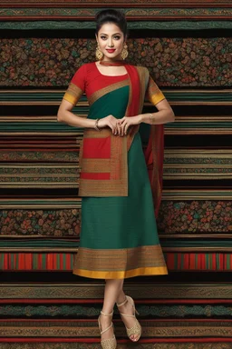 Aesthetic, 3D, Digitized, Hyper realistic, Surreal, Mesmeric, "Assamese Ethnic Tribal / Traditional Woven Women Attire" & Textile (Handloom) Industry themed Mekhela Chador (The bottom half of this distinct dress is called the 'Mekhela ', a round fit used waist downwards over a petticoat) designs, **Featured Designs:** The Activist - A passionate campaigner organizing fashion shows and protests to save endangered weaving techniques. Her vibrant style inspires change. **Appearance:** Fictional fem