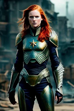 ultrarealistic, ruined city,__skimpy sci-fi armor__, __angles__, 19 year old woman, strikingly beautiful, ginger hair, titanium colour, [__starlets__|__starlets__], (pale __skincolor__ skin:1.2), __camera__ __hair__, detailed face and glowing eyes, c-cup breasts, leather choker, freckles, dynamic pose, resolved expression, __accessory__, strappy outfit, (straps:1.1), sword in right hand, (buckles, buttons, snaps, rings:1.0), halter style breastplate, detailed eyes, plump lips, fantasy theme