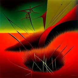 Precise geometries and flow graphs, parasite waxing, violent colors, harsh contrast, abstract surreal art, by VS Gaitonde and Victor Pasmore and Vladimir Kush, mind-bending illustration, asymmetric, lunatic grass shines, dark background, Sharp Contrast, dynamic composition, red hues