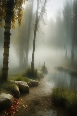 soft fog, with light breaking through, tall white birch trees, and a stone path flanking both sides of the pond going up to a gazebo, mystic fantasy genre